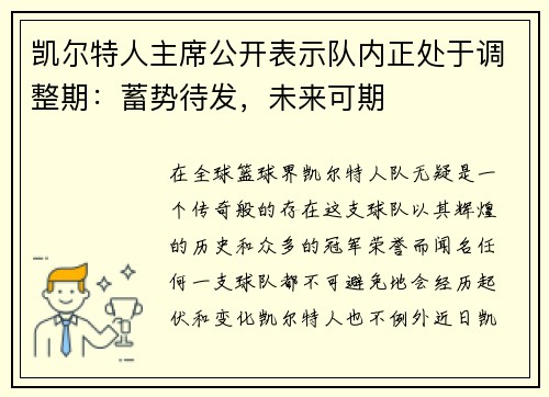 凯尔特人主席公开表示队内正处于调整期：蓄势待发，未来可期
